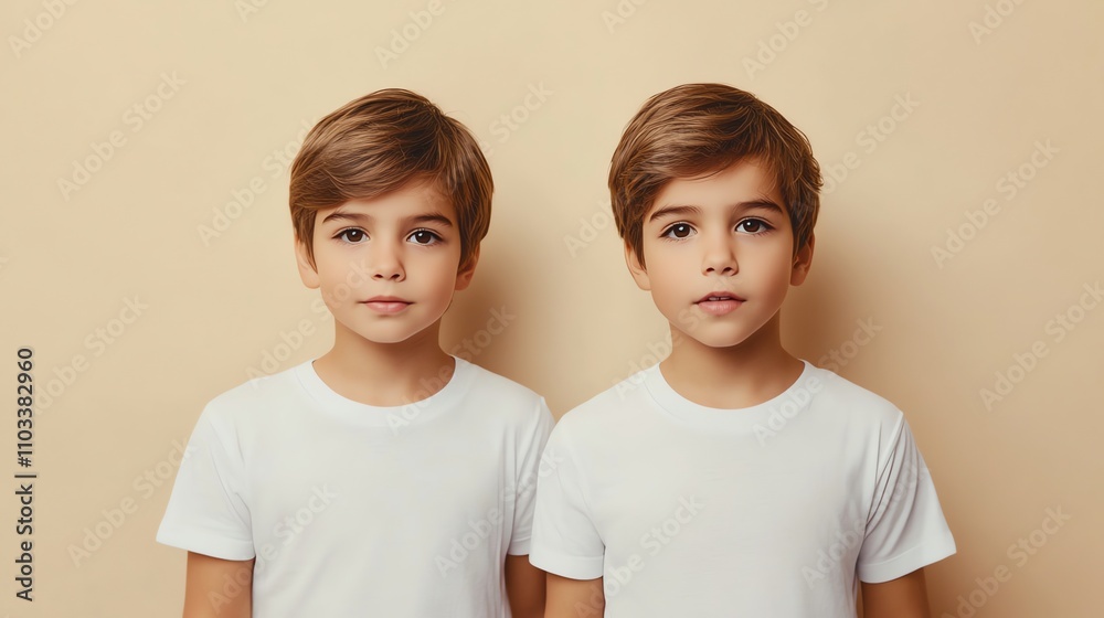 Two twin boys with blonde hair standing side by side wearing white t-shirts. Two twin boys with blonde hair standing side by side wearing white t-shirts.