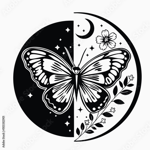 a black and white illustration of a butterfly and a crescent moon