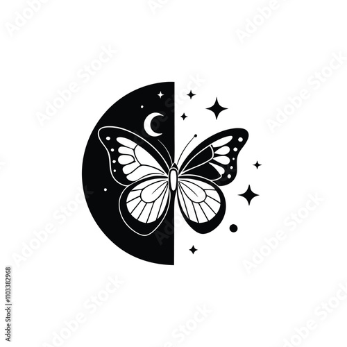 a black and white illustration of a butterfly and a crescent moon