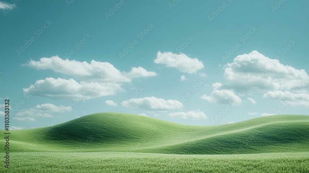Lush green hills under a bright blue sky with fluffy white clouds. Lush green hills under a bright blue sky with fluffy white clouds.