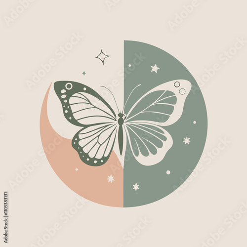 a black and white illustration of a butterfly and a crescent moon