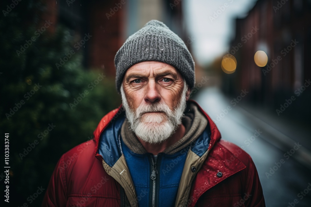 Portrait of a senior man with gray beard wearing a hat and red jacket in the city. Portrait of a senior man with gray beard wearing a hat and red jacket in the city.