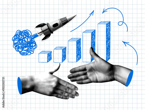 Deal concept. Modern collage with handshake, rocket launch and sales chart. Start up concept. Halftone hands reach out to each other. Successful agreement