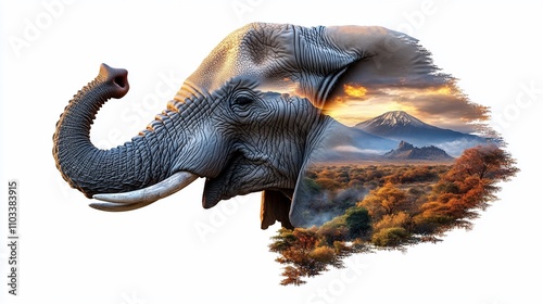 Majestic African elephant head double exposure with sunrise mountain landscape. photo