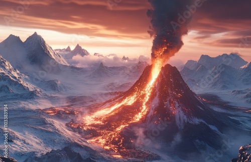 an erupting volcano with flowing lava, showcasing the raw power and beauty of nature's fury. The scene is set against a backdrop of snow-capped mountains under a twilight sky