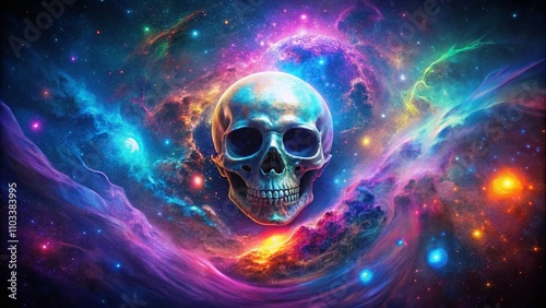 A Vibrant Neon Skull Character Floating in the Cosmic Depths Surrounded by Colorful Nebulae and Shimmering Stars in an Otherworldly Space Scene