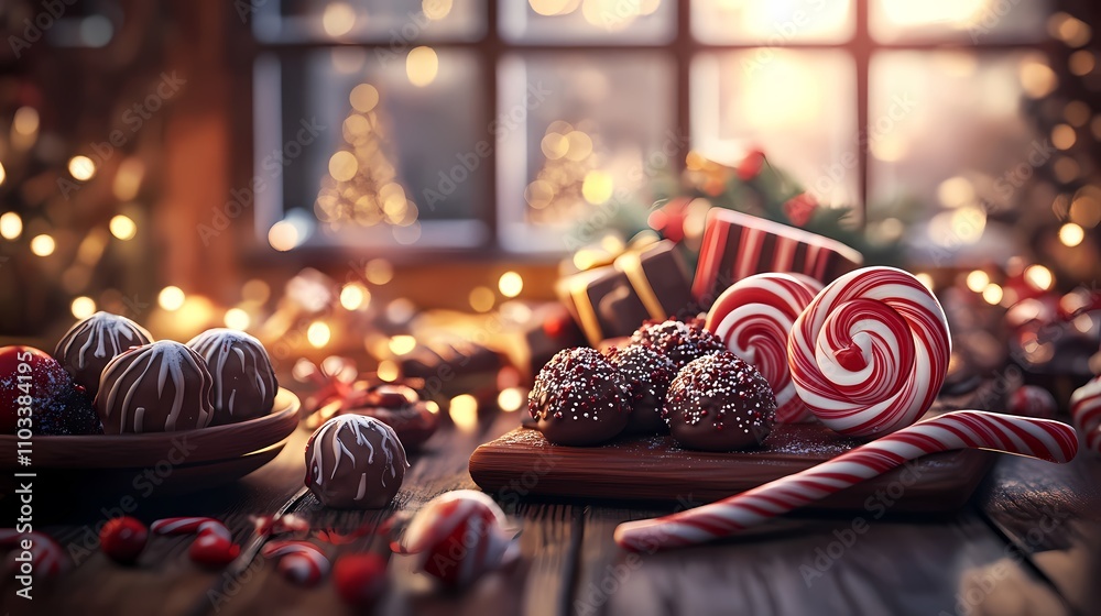 custom made wallpaper toronto digitalFestive Table Arrangement with Christmas Treats Including Candy Canes, Chocolates, and Colorful Decorations in a Cozy Holiday Setting