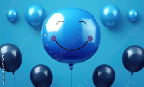 Blue smiling face balloon isolated on blue background with copy space  boy kid birthday card backdrop or blue monday concept image birthday backdrop party anniversary banner design  photo