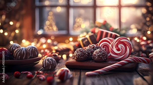 Wallpaper Mural Festive Table Arrangement with Christmas Treats Including Candy Canes, Chocolates, and Colorful Decorations in a Cozy Holiday Setting Torontodigital.ca