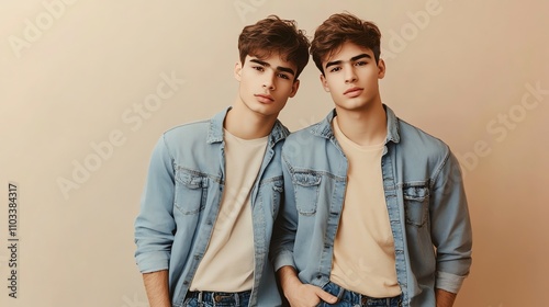 Twin brothers with curly hair, wearing similar jackets and shirts, pose for a portrait. photo