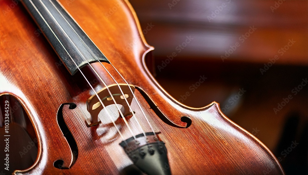 Fototapeta premium Close up detail of a violin strings and sound board, musical instrument.