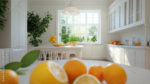 Bright kitchen with fresh citrus fruits and greenery.