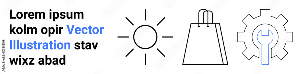 Simplistic icons of a sun, shopping bag, and gear. Ideal for marketing, e-commerce, technology, innovation, productivity services and repair. Landing page Simplistic icons of a sun, shopping bag, and gear. Ideal for marketing, e-commerce, technology, innovation, productivity services and repair. Landing page