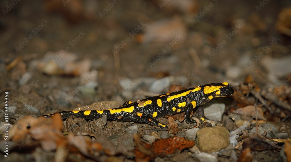Fire salamander on mossy forest floor Fire salamander on mossy forest floor
