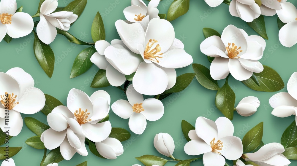 Cluster of Fragrant White Magnolia Flowers Blooming on Tree Branches with Green Leaves Cluster of Fragrant White Magnolia Flowers Blooming on Tree Branches with Green Leaves