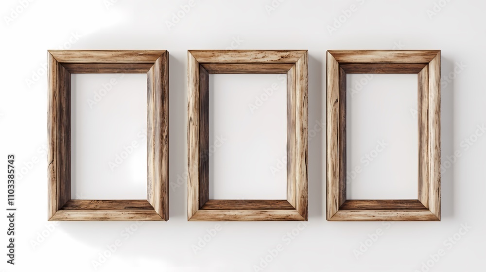A Set of Three Wooden Picture Frames with a Rustic Design Perfect for Displaying Artwork or Family Photos on a Clean White Wall Background A Set of Three Wooden Picture Frames with a Rustic Design Perfect for Displaying Artwork or Family Photos on a Clean White Wall Background
