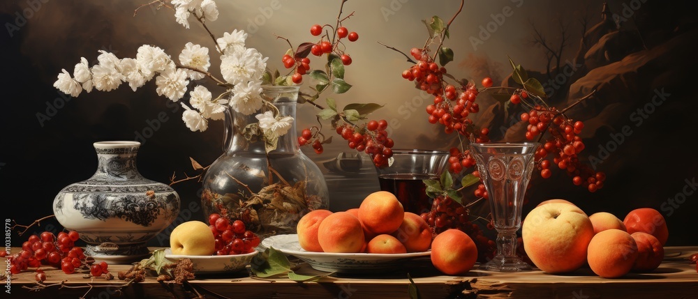 Elegant Nowruz Still Life with Fruits and Blossoms in Soft Light