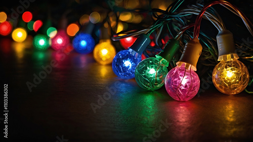 christmas tree decorations, lighting christmas string bulbs at night with copy space photo