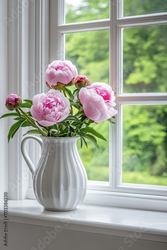 Beautiful bouquet of pink peonies in a white vase on a windowsill, surrounded by green natural scenery, capturing the essence of spring and freshness in a serene indoor setting.