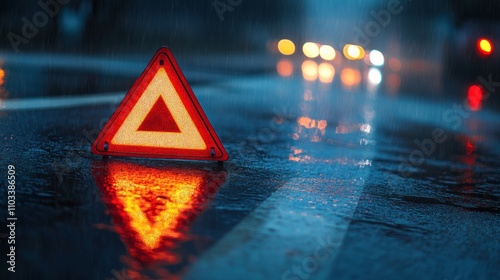 Warning triangle on a wet road during rain.