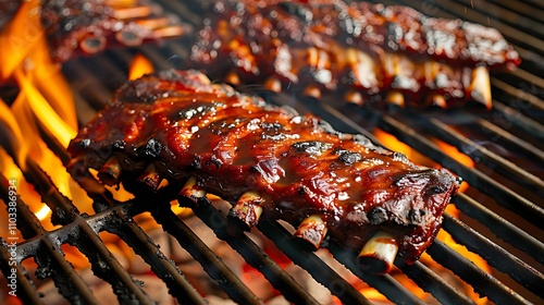The ribs on a grill that is ablaze baby back ribs from pork are grilled over a fire