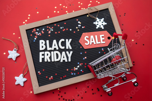 Black Friday Sale Board with Mini Shopping Cart, Star Confetti, and Festive Sale Tags on Red Background
