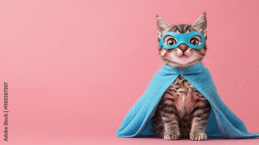 Fototapeta premium superhero, scotch whiskey with a blue cloak and mask. The concept of a superhero, super cat, leader. On a pink background. 
