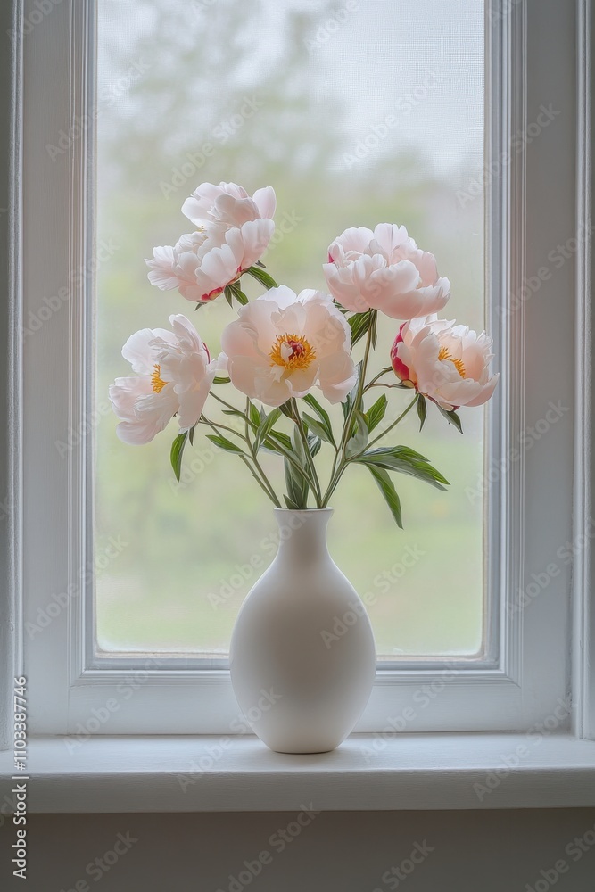 Beautiful Soft Pink Peonies in Minimalist White Vase on Window Sill with Lush Green Background Bringing Serenity and Elegance to Indoor Spaces Beautiful Soft Pink Peonies in Minimalist White Vase on Window Sill with Lush Green Background Bringing Serenity and Elegance to Indoor Spaces