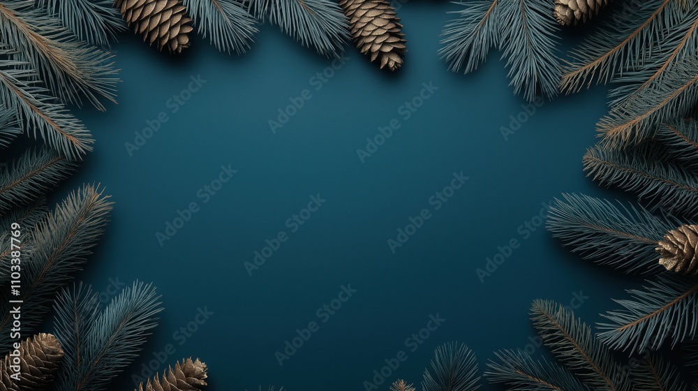 Arrangement of pine branches and pine cones on dark teal background, creating a natural frame for holiday or winter-themed designs. Arrangement of pine branches and pine cones on dark teal background, creating a natural frame for holiday or winter-themed designs.