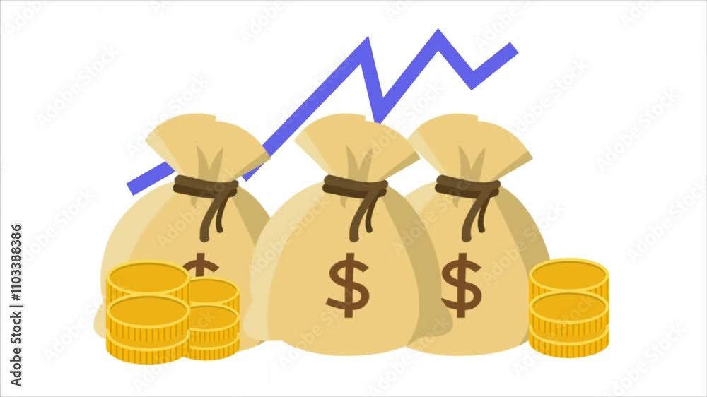 Money sac and coins animation video with graph 