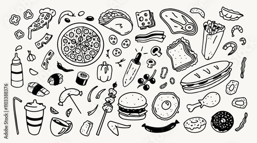 Food doodles, fast food, snacks and ingredients drawings, hand drawn vector graphic design elements, decorations for menus and websites.