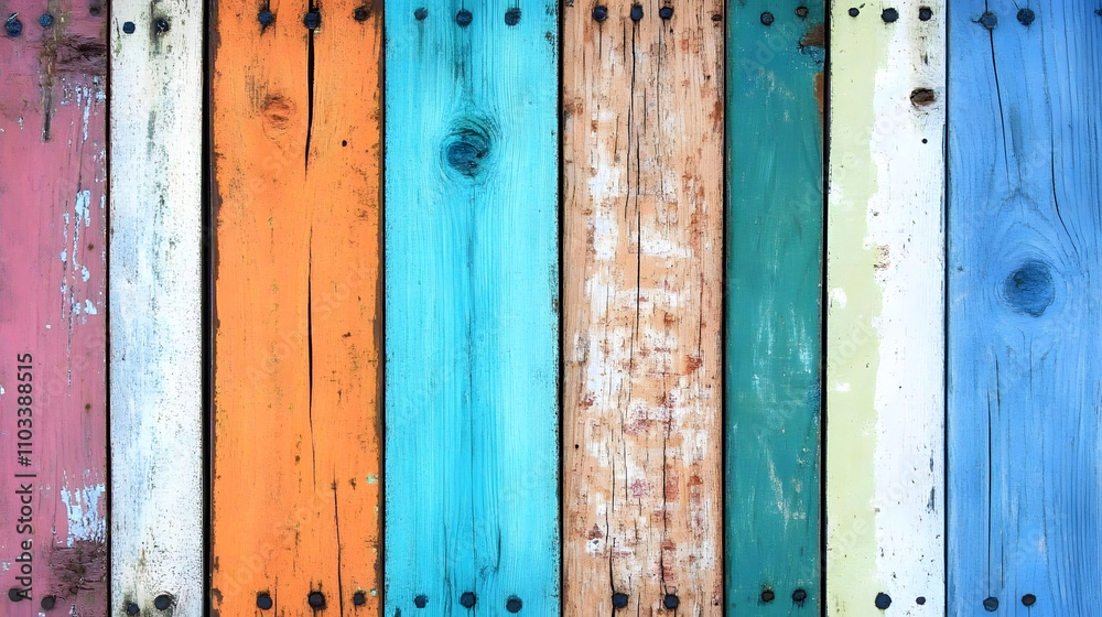 Colorful, rustic wooden planks with weathered paint in various pastel shades. Perfect for backgrounds or textures. Shows natural wood grain and nail heads. Colorful, rustic wooden planks with weathered paint in various pastel shades. Perfect for backgrounds or textures. Shows natural wood grain and nail heads.