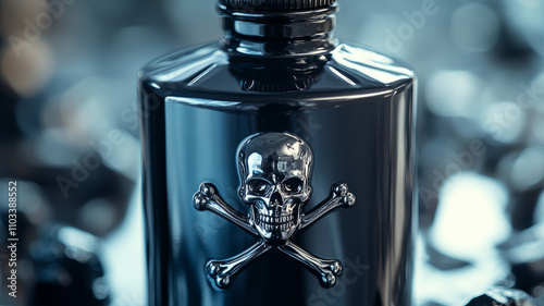 Black poison bottle with skull and crossbones emblem photo