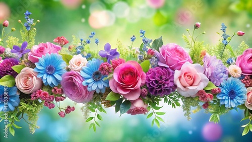 Beautiful Horizontal Garland of Pink, Blue, and Purple Flowers Perfect for Backgrounds, Textiles, and Home Decor, Celebrating Nature's Colorful Blossoms in a Stunning Panoramic View