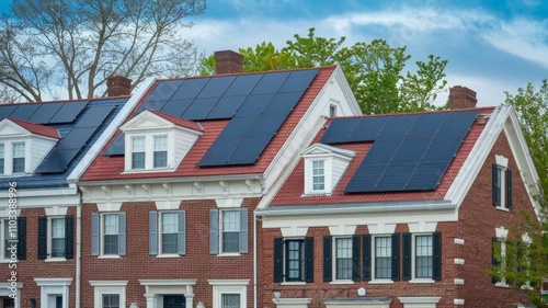 American townhouse with solar panels installed on the roof, promoting eco-friendly and sustainable living solutions.