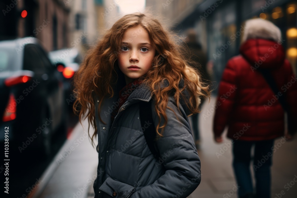 portrait of a little girl with long curly hair on the street
