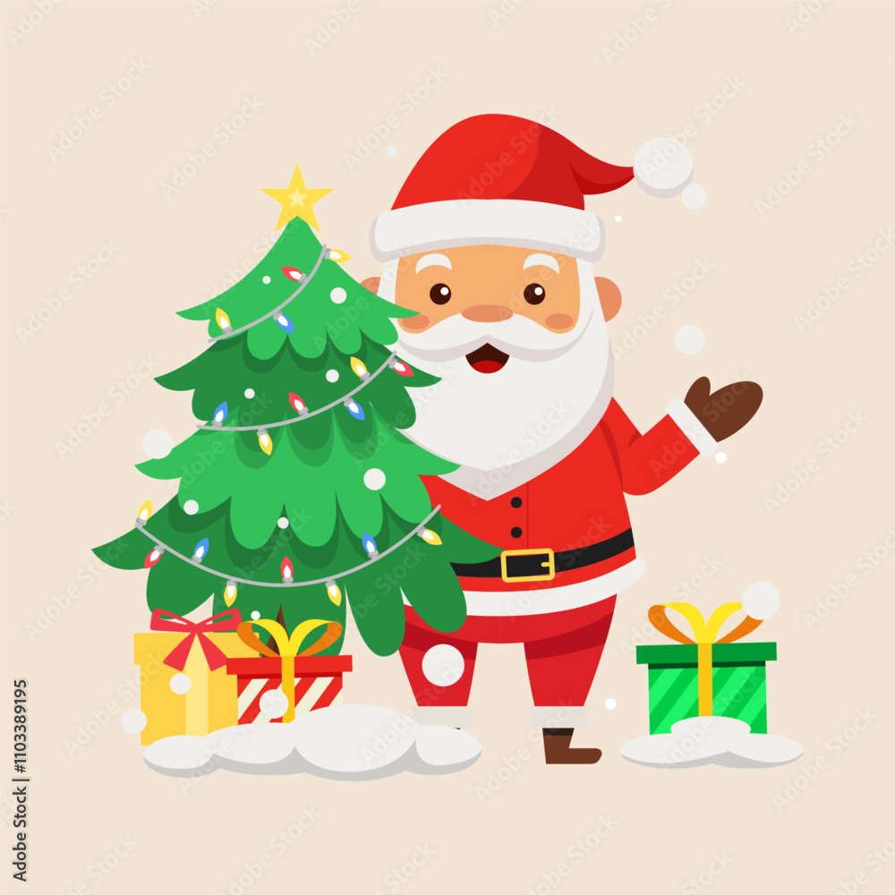 Vector illustration of Santa Claus, Christmas tree, gift boxes in flat style, isolated for holiday designs banner, cover, advertisement, greeting card. Concept of Christmas and Happy New Year Vector illustration of Santa Claus, Christmas tree, gift boxes in flat style, isolated for holiday designs banner, cover, advertisement, greeting card. Concept of Christmas and Happy New Year
