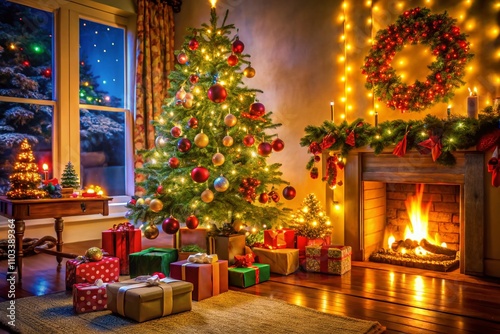 Beautifully Decorated Holiday Living Room with Christmas Tree and Presents, Embracing the Spirit of Merry Christmas in a Cozy and Inviting Atmosphere for Festive Celebrations