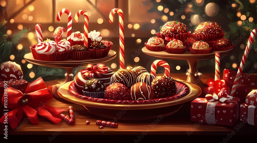Festive Display of Colorful Holiday Desserts and Treats with Candy Canes, Chocolate Sweets, and Wrapped Gifts in a Cozy Christmas Setting Festive Display of Colorful Holiday Desserts and Treats with Candy Canes, Chocolate Sweets, and Wrapped Gifts in a Cozy Christmas Setting