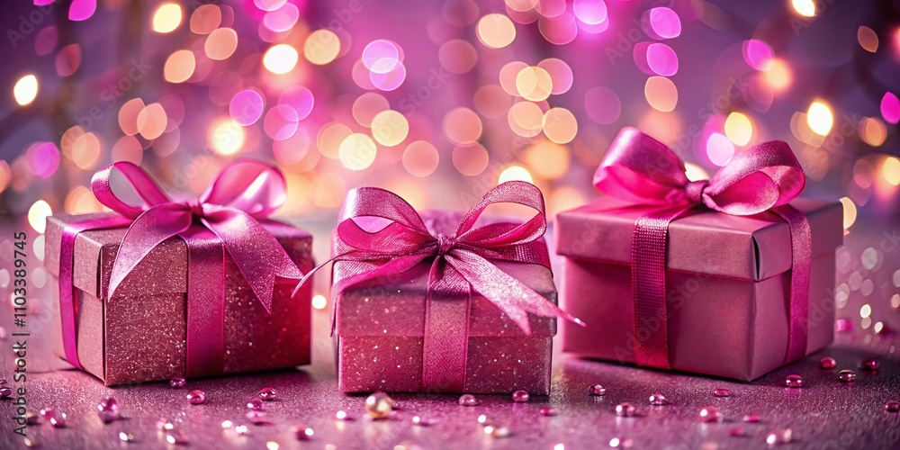 Beautifully Wrapped Pink Valentine's Day Gift Boxes with Shiny Ribbons Against a Sparkling Bokeh Background, Perfect for Celebrating Love and Affection in Style Beautifully Wrapped Pink Valentine's Day Gift Boxes with Shiny Ribbons Against a Sparkling Bokeh Background, Perfect for Celebrating Love and Affection in Style
