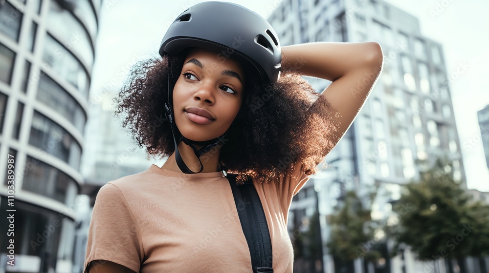 A young woman with curly hair and a helmet looks to the side in a city setting. A young woman with curly hair and a helmet looks to the side in a city setting.