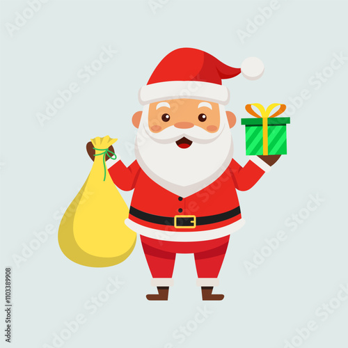 Flat vector design illustration in children's style. Cute Santa Claus holding a sack with gifts. Holiday illustration on white background