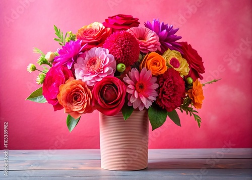Beautiful Paper Flower Bouquet in Vase Celebrating Birthdays, Mother's Day, and Women's Day with Red and Pink Colors, Perfect for Documenting Special Occasions and Celebrations