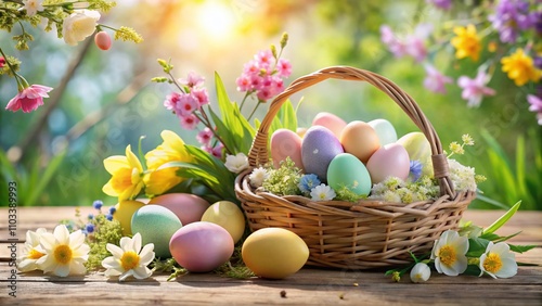 Beautiful Pastel Colored Easter Eggs in a Decorative Basket Surrounded by Vibrant Spring Flowers for Festive Seasonal Decor and Celebrations