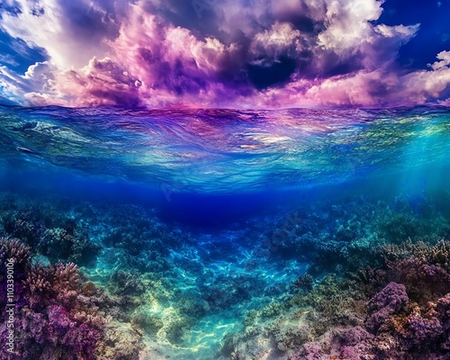 Surreal underwater seascape. Vibrant coral reef meets a dramatic, colorful sky. Perfect for fantasy, nature, or travel themes.