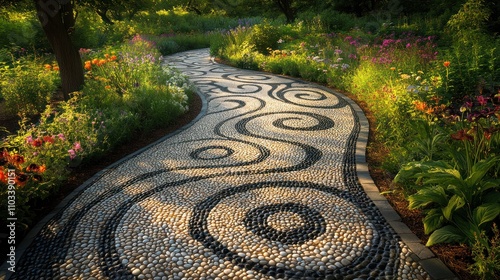 Serpentine stone path through a colorful garden.
