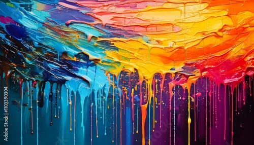 Colourful paint dripping down canvas