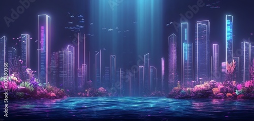 Futuristic cityscape under water  neon lights reflecting  schools of fish swimming by  vibrant coral reefs