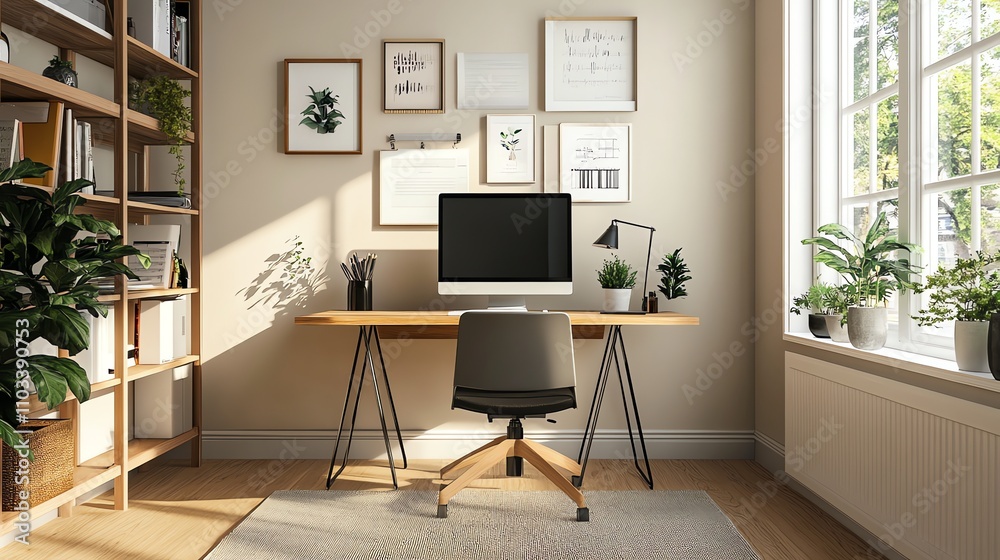 A modern home office with a desk, computer, chair, and plants. A modern home office with a desk, computer, chair, and plants.