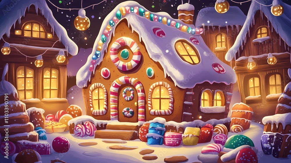 Naklejka premium Cozy Gingerbread House Surrounded by Colorful Candies and Snowflakes, with Warm Golden Lights in a Whimsical Winter Wonderland
